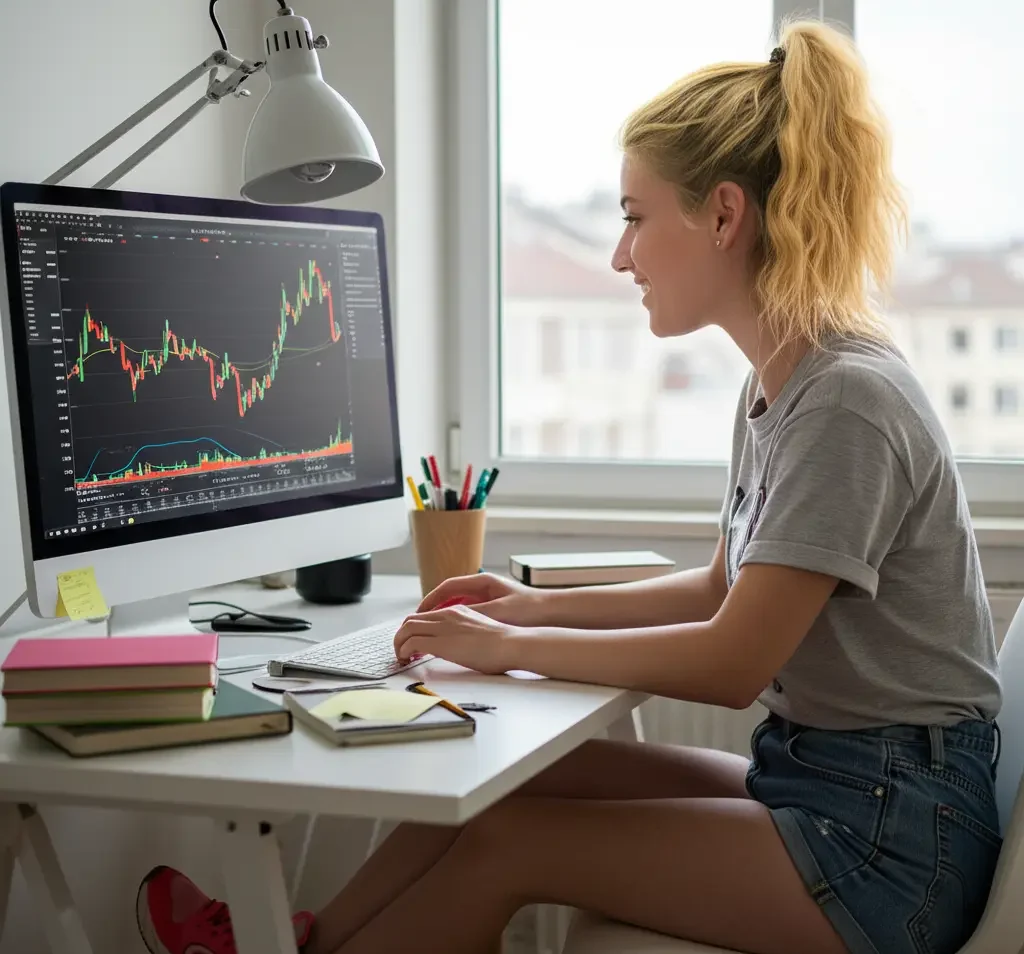 young girl sitting at desktop computer using stock trading software